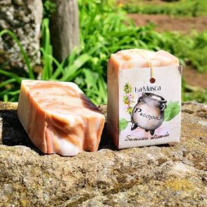 Savon artisanal La Masca au patchouli, posé sur une pierre en extérieur avec une étiquette illustrée d’un chaudron et de feuilles vertes. Savon marbré aux tons orangés et blancs.
